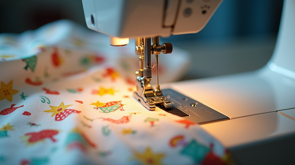 Close-up view of a sewing machine stitching colorful children's fabric