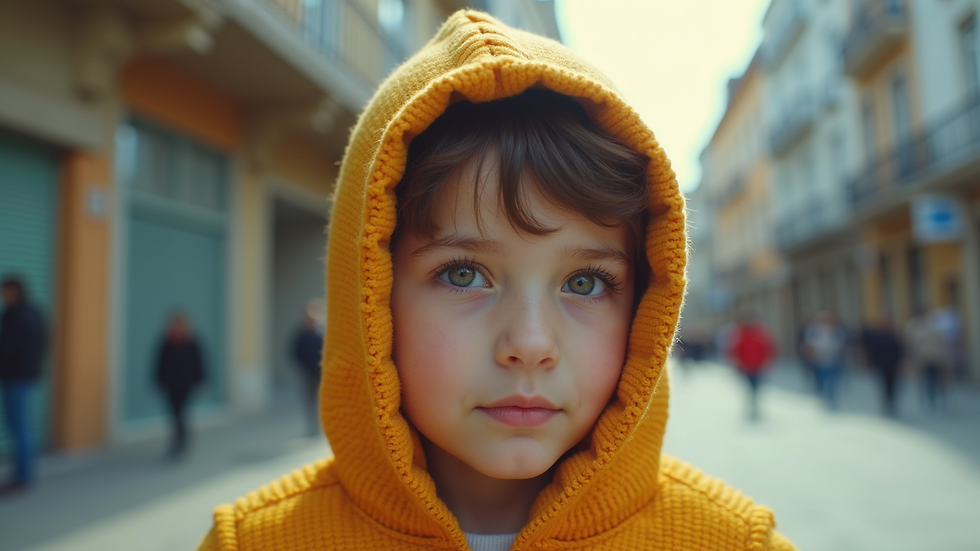 Eye-level view de manequim infantil vestindo roupa casual colorida