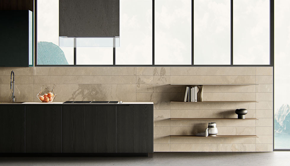 Luxury minimalistic kitchen design render by Vizdom Studio, showcasing photorealistic architectural visualization and 3D modeling services for residential interior design.