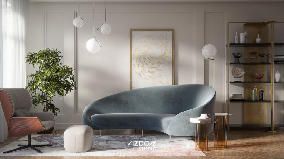 Photorealistic 3D rendering of an elegant modern living room featuring a curved blue velvet sofa, spherical pendant lighting, and herringbone wood floors by Vizdom Studio.