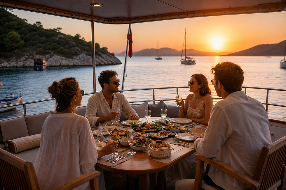 Guests dining on a gulet's aft deck at golden hour — table set with mezze, warm sunset light on the water, relaxed lifestyle framing showing the onboard experience. Caption: Kıç güvertede altın saat — mavi yolculuğun asıl deneyimi demir attığınız yer