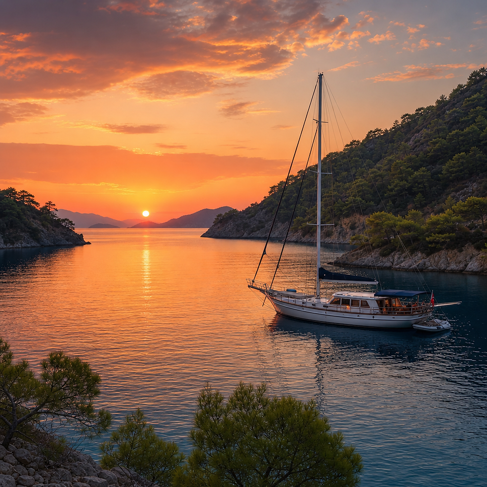 Marmaris çevresinde sakin bir koyda gün batımında demirlemiş yat