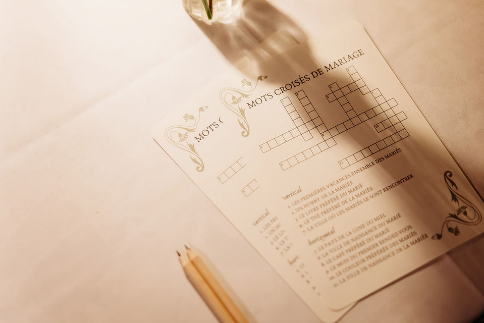 French crossword at Caitlin and Hervé's bilingual French wedding at The Mitre Hampton Court, led by humanist wedding celebrant Mair Garland.