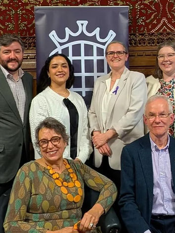 Humanist celebrant Mair Garland taking part in an All-Party Parliamentary Humanist Group meeting. L-R in the photo are: back row - Andrew Copson (CEO of Humanists UK), Aseel (Volunteer Faith to Faithless initiative), Lizzi Collinge MP, Mair Garland. Front Row - Joanna Mutlow (humanist pastoral carer) and Jeremy Rodell (humanist dialogue lead)