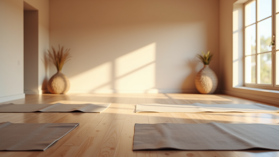 Eye-level view of a calm yoga studio with mats and soft lighting
