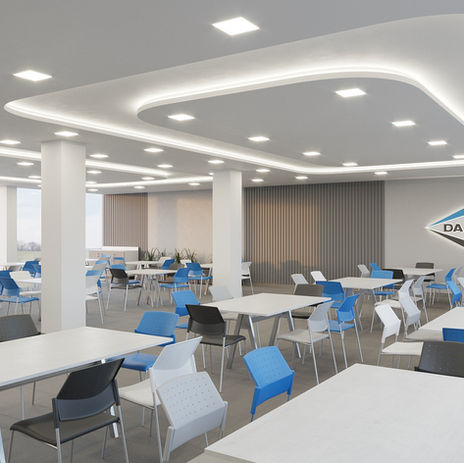 Comedor corporativo diseñado para Dana Corp con mesas, sillas ergonómicas y ambiente moderno