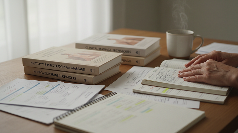 Close-up view of massage therapy textbooks and study materials on a desk