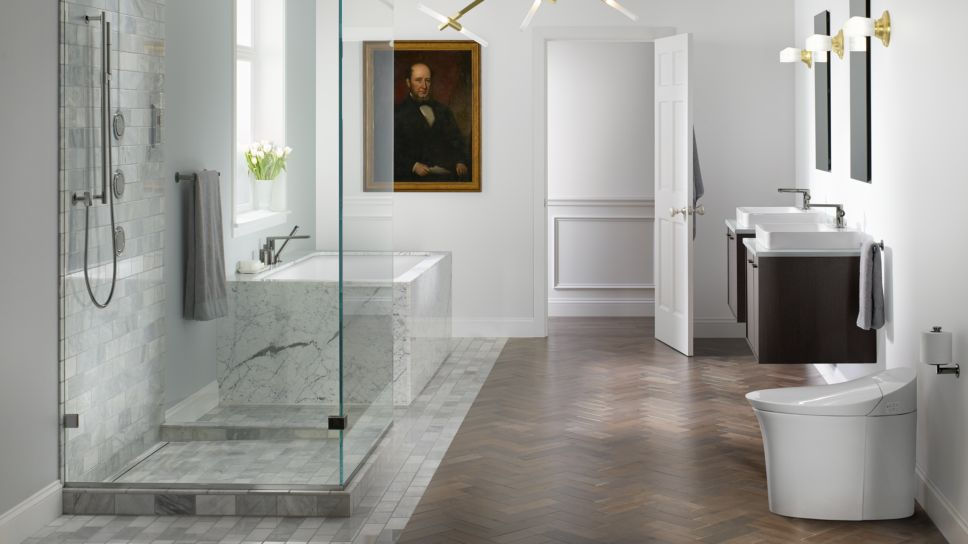 Eye-level view of a bathroom with coordinated luxury fixtures and modern design