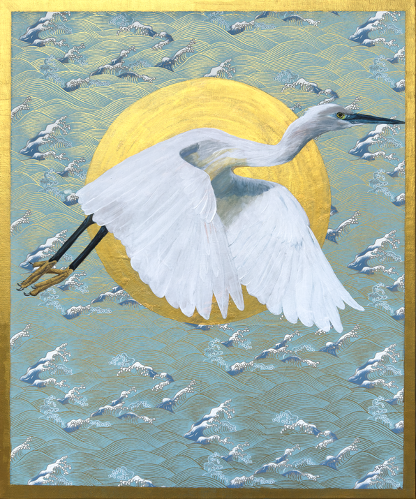 white bird over gold moon aqua paper with waves