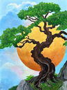 Gnarled old tree against metallic gold sun