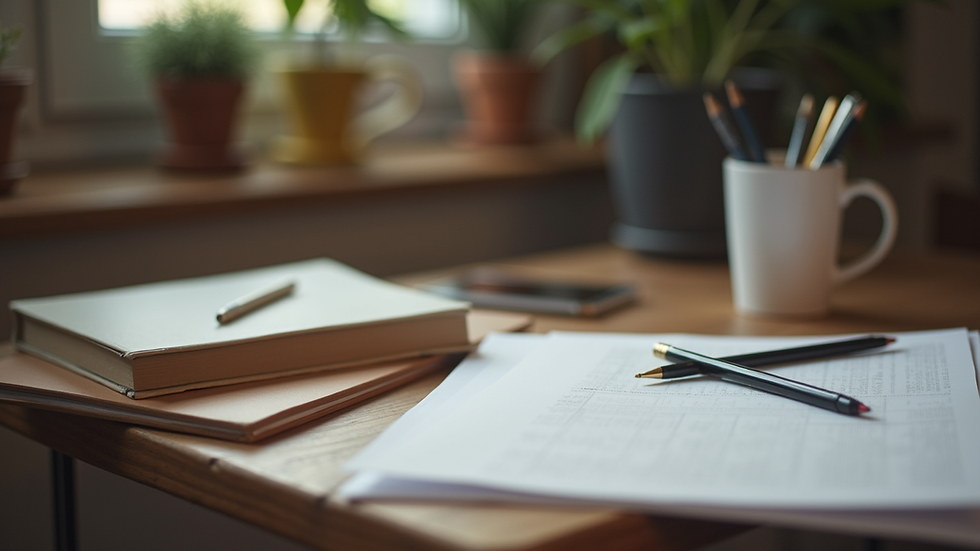Close-up view of a study desk with books and stationery