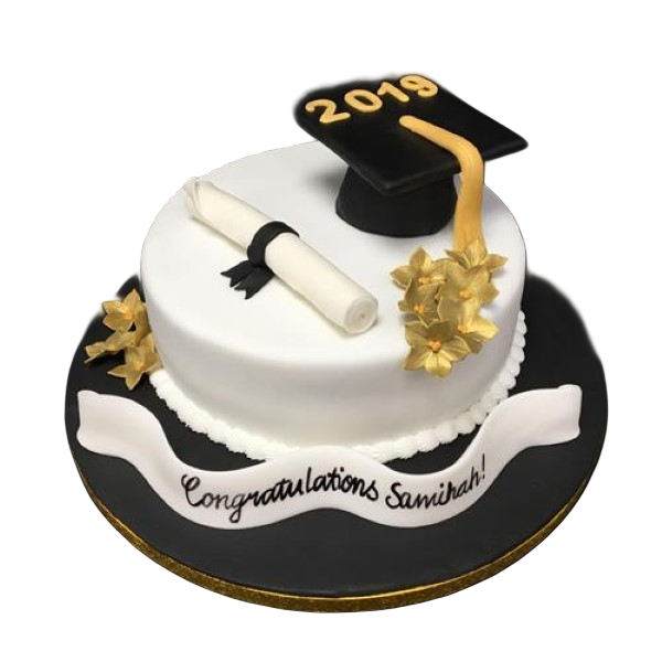 Bespoke round graduation cake with mortar board and scroll decorations, crafted in Solihull, West Midlands.