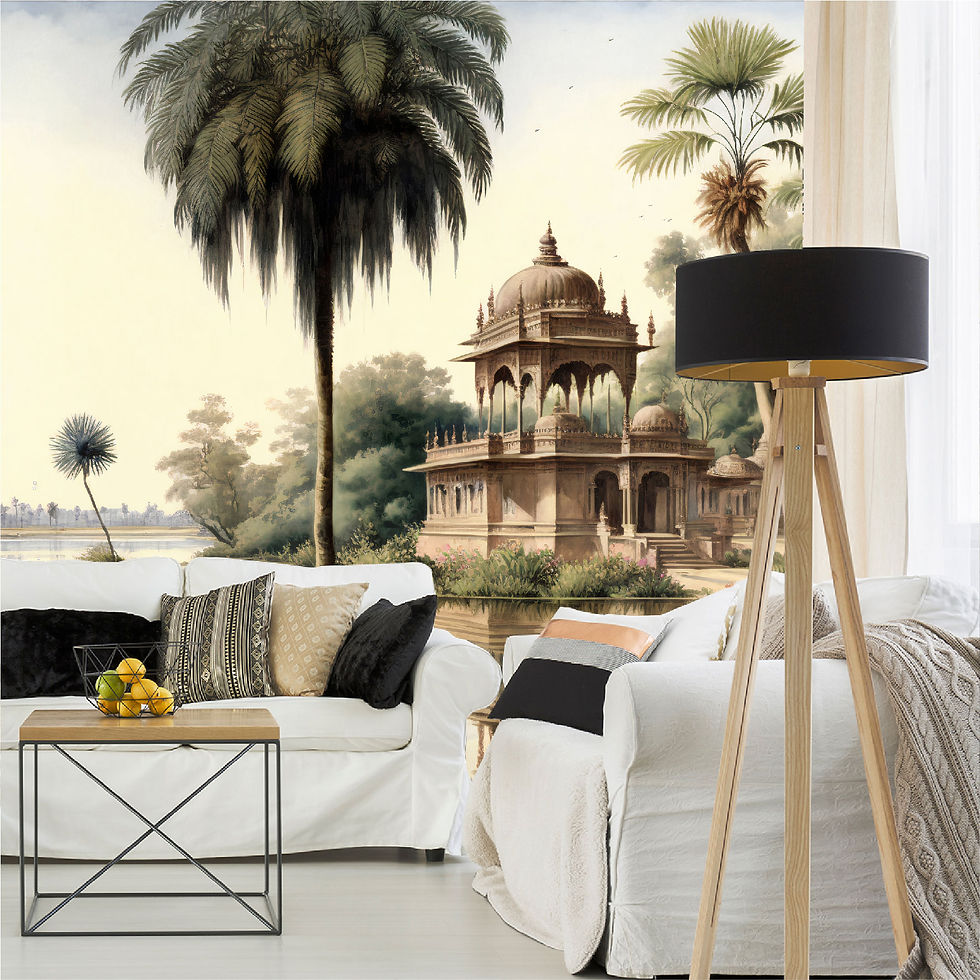 Thumbnail: Mural paisaje de palmeras y orillas de los ríos de la India con templos  - MT327