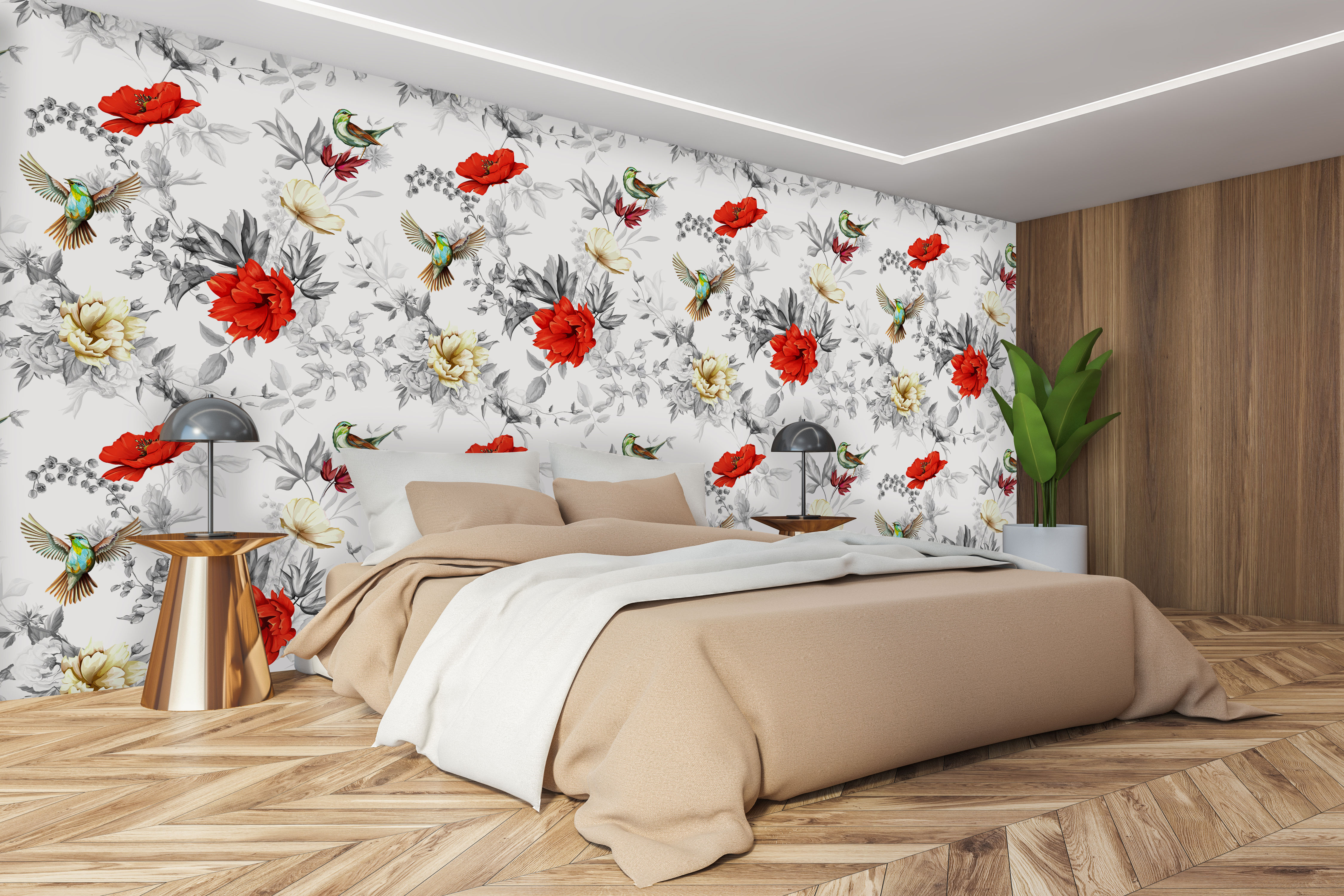 Vinilo Mate Tropical Flores Silvestres y Pájaro Ruiseñor 083