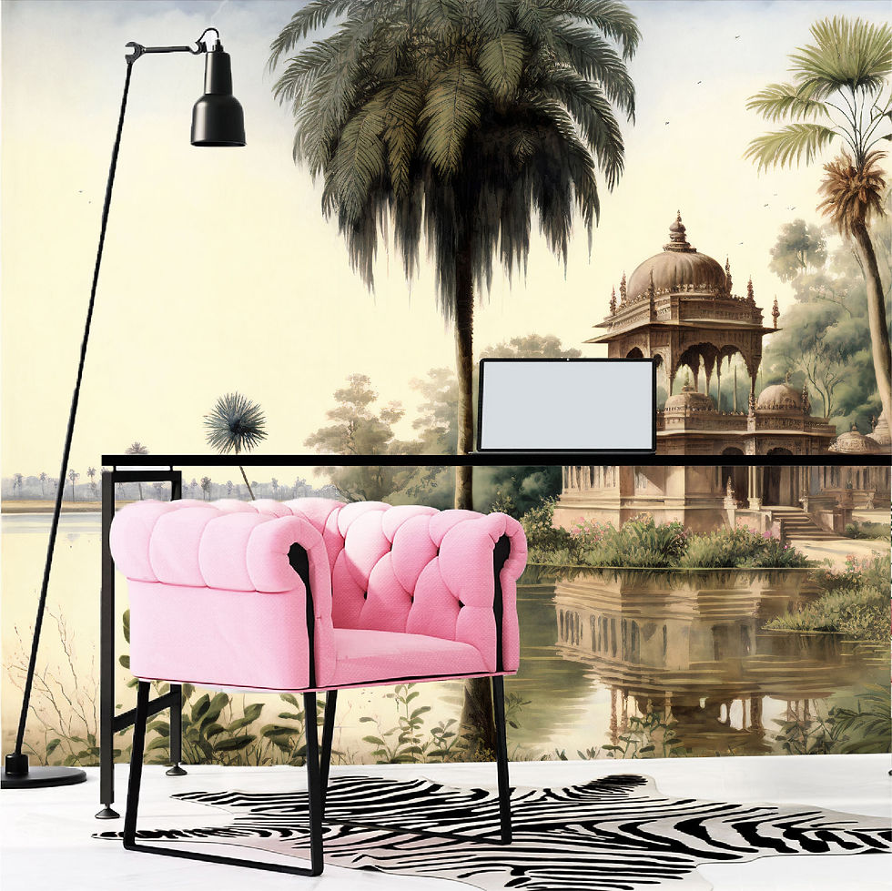 Thumbnail: Mural paisaje de palmeras y orillas de los ríos de la India con templos  - MT327