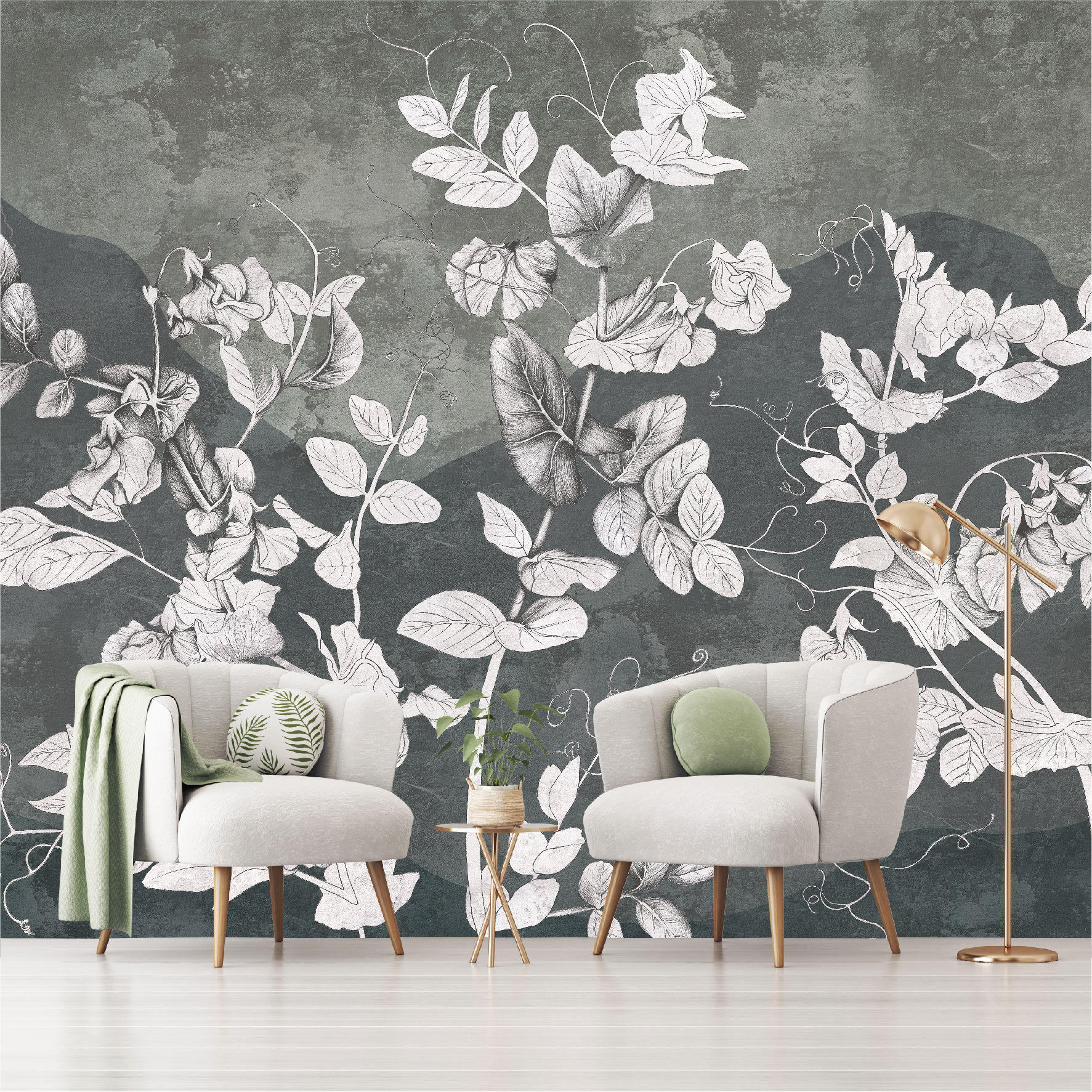 Mural Flores Blancas en pared de hormigón - MT395