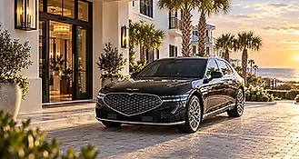 Elevate luxury Genesis G90 parked along Florida’s scenic 30A corridor