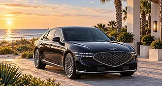 Black luxury SUV parked near the beach for private car service in 30A