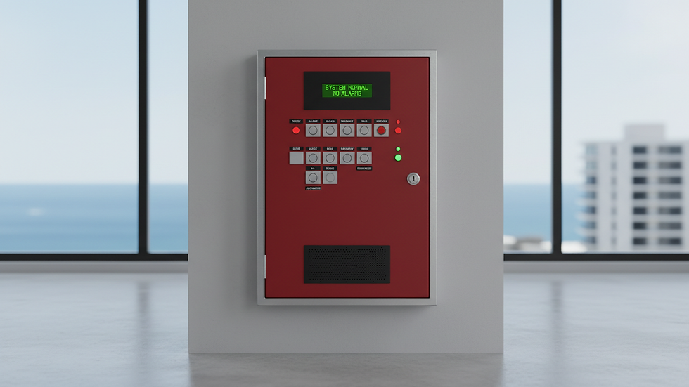 Eye-level view of a fire alarm control panel in a coastal commercial building