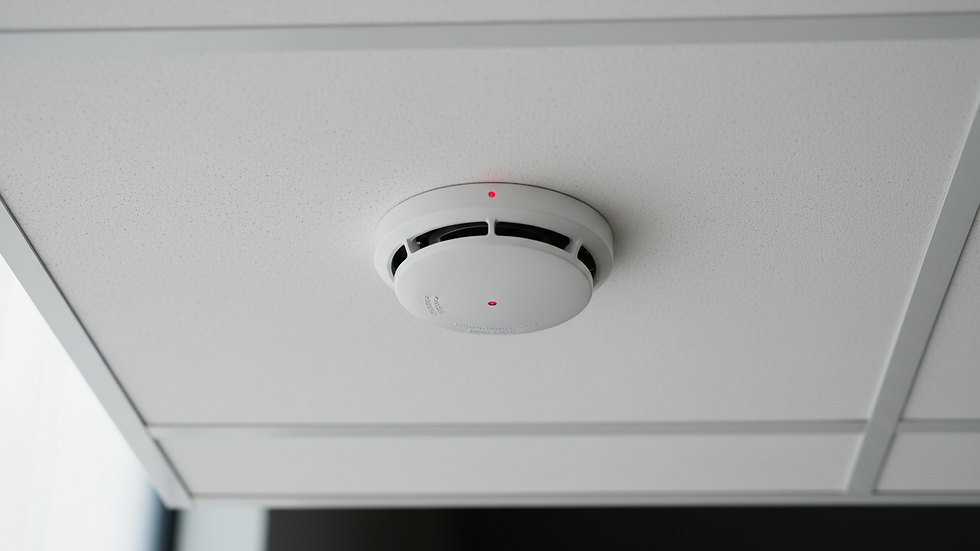 Close-up view of a smoke detector installed on a ceiling