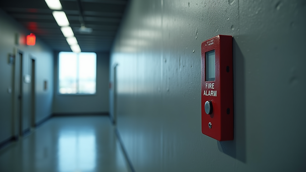 Eye-level view of a fire alarm control panel mounted on a wall in a coastal facility