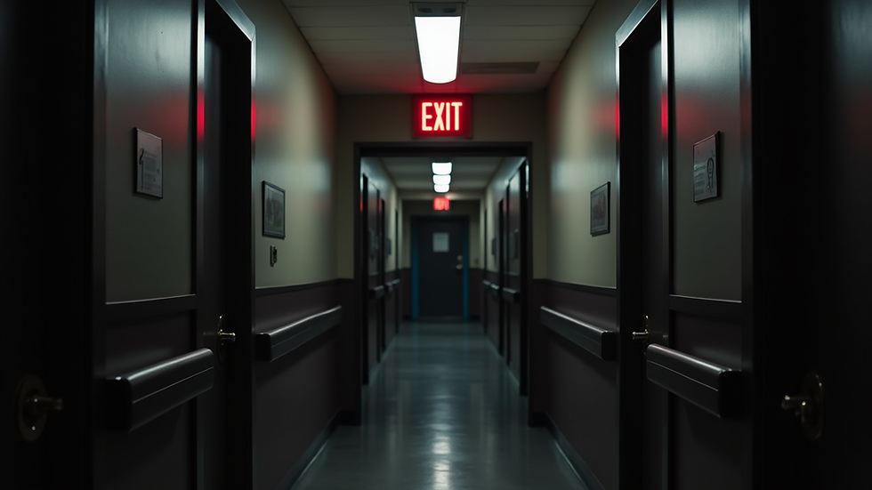 High angle view of a fire exit sign illuminated in a dark hallway
