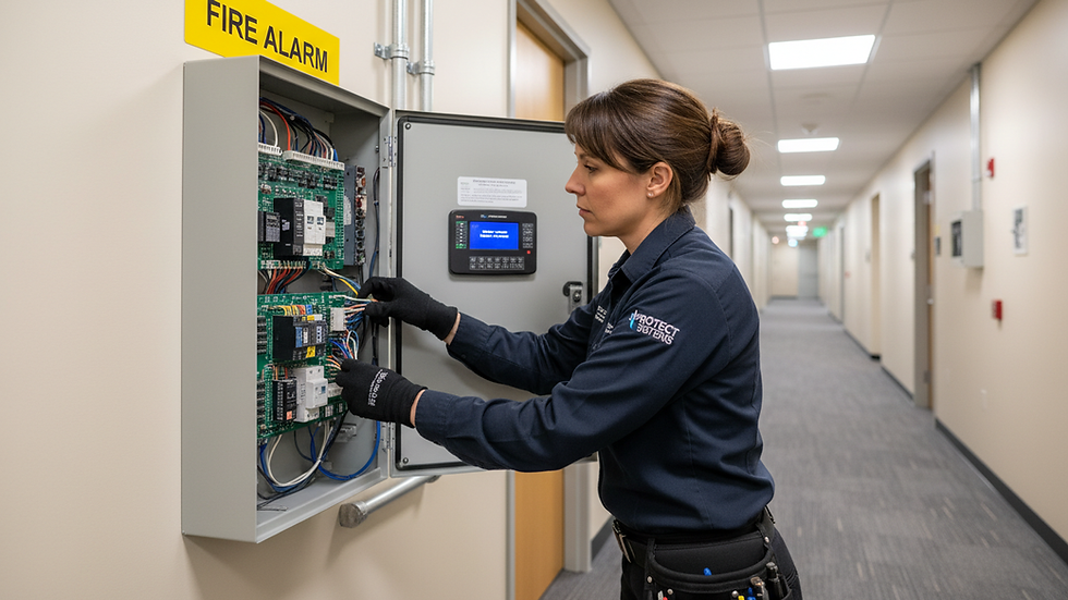 Eye-level view of a technician inspecting a fire alarm control panel