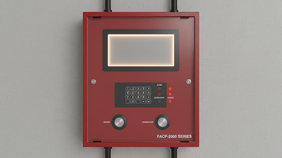 Eye-level view of a fire alarm control panel mounted on a wall