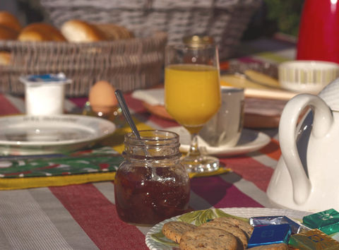 Zonnig, uitgebreid, artisanaal ontbijt terras Gastenkamers Marleen, Lodge, B&B, Bierbeek, Korbeek-Lo, Leuven