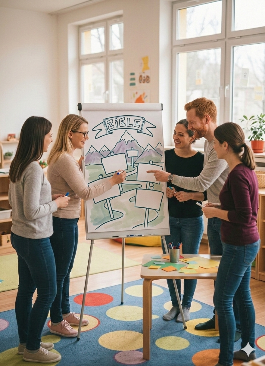 Pädagogisches Team arbeitet gemeinsam an einem Flipchart während des Coaching-Lehrgangs für Kindergarten-Leitungen in Wien