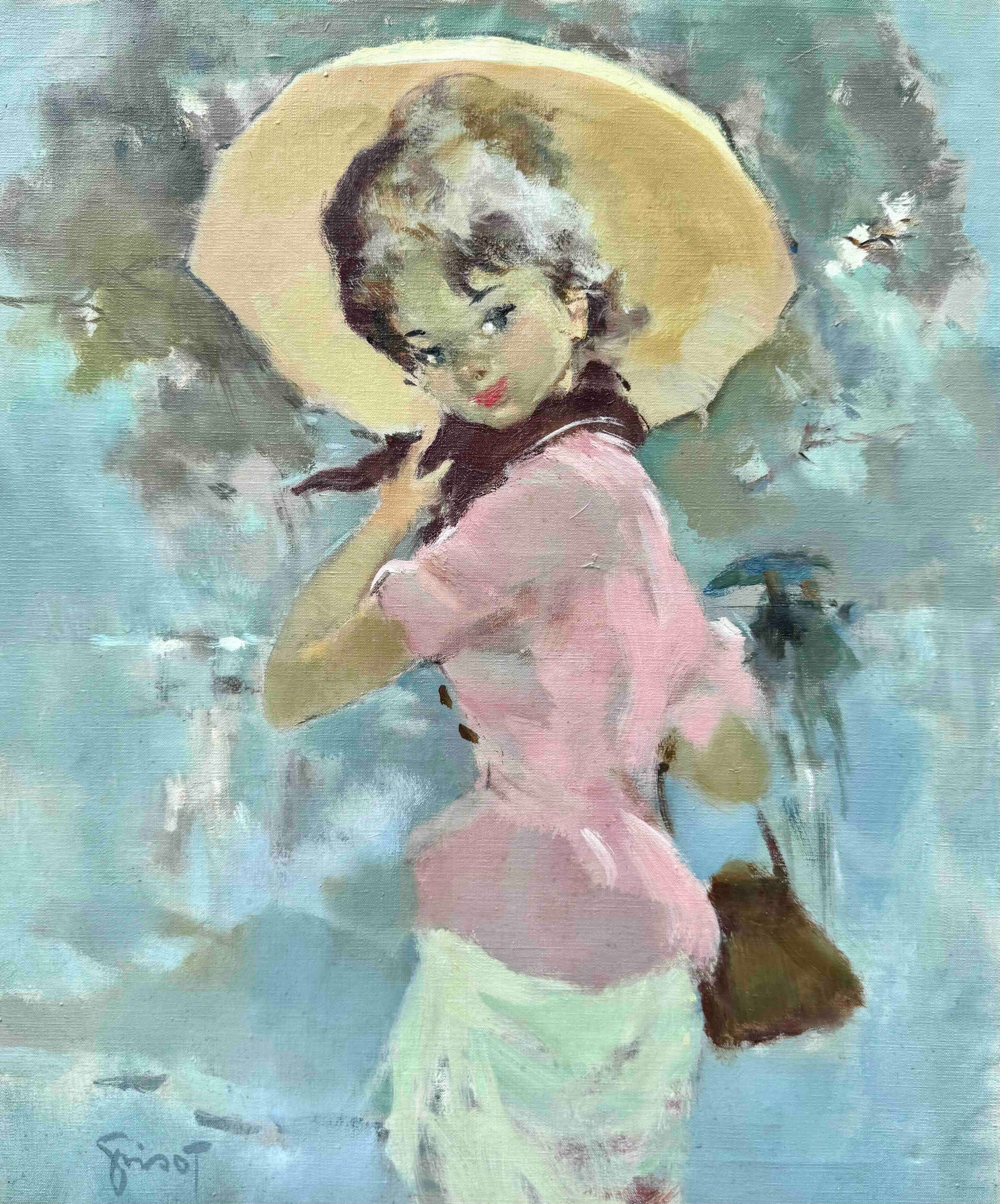 Pierre Grisot, Jeune Femme au Parapluie, Figurative Oil Painting