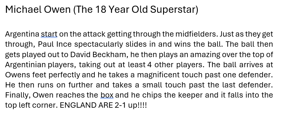 Nathan's typed work - a fantastic commentary on a classic goal!
