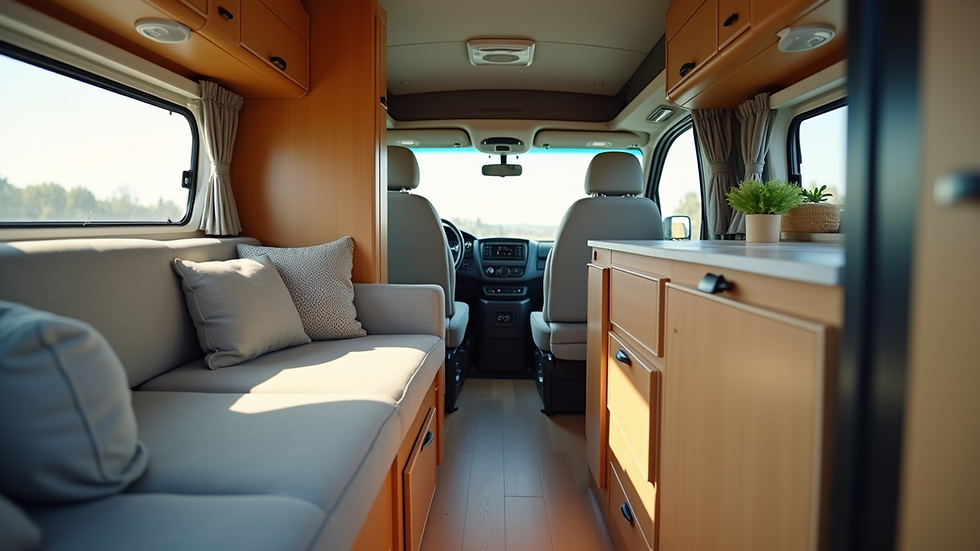 Eye-level view of a campervan interior showing compact kitchen and seating area