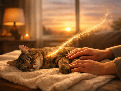 Eine Katze, die auf einer Decke im Sterben liegt