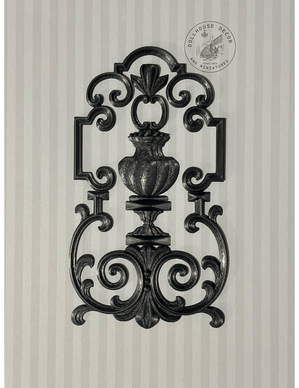 Thumbnail: ornate urn scroll dollhouse panel 1:12 scale miniature decorative panel in black silk