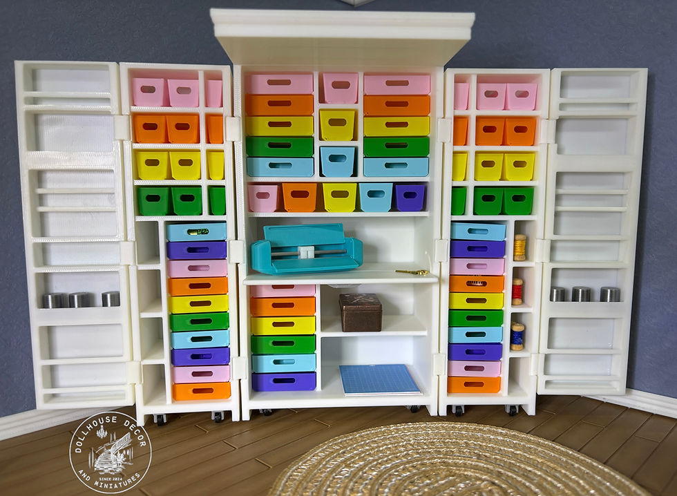 1:12 scale expandable craft cupboard fully opened to reveal colourful removable storage bins, drawers and shelves.