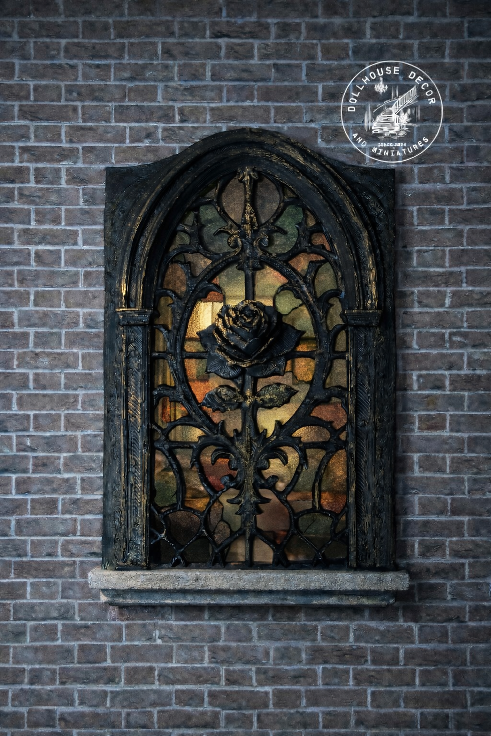 Thumbnail: Rosehaven dollhouse gothic window 1:12 scale arched miniature window in black with stained glass