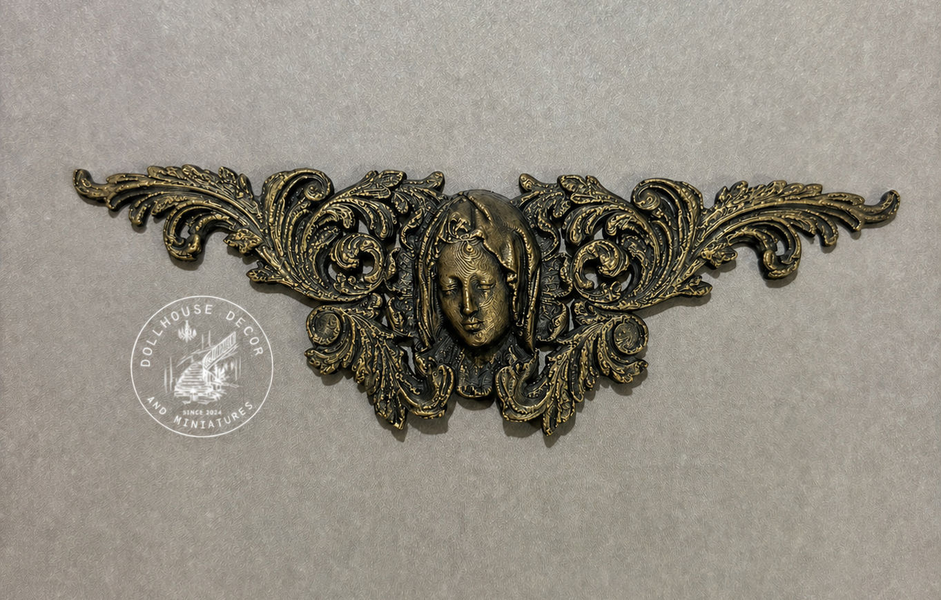 Duchess Masque appliqué ornate carved French dollhouse wall decor 1:12 scale with female face and scrollwork