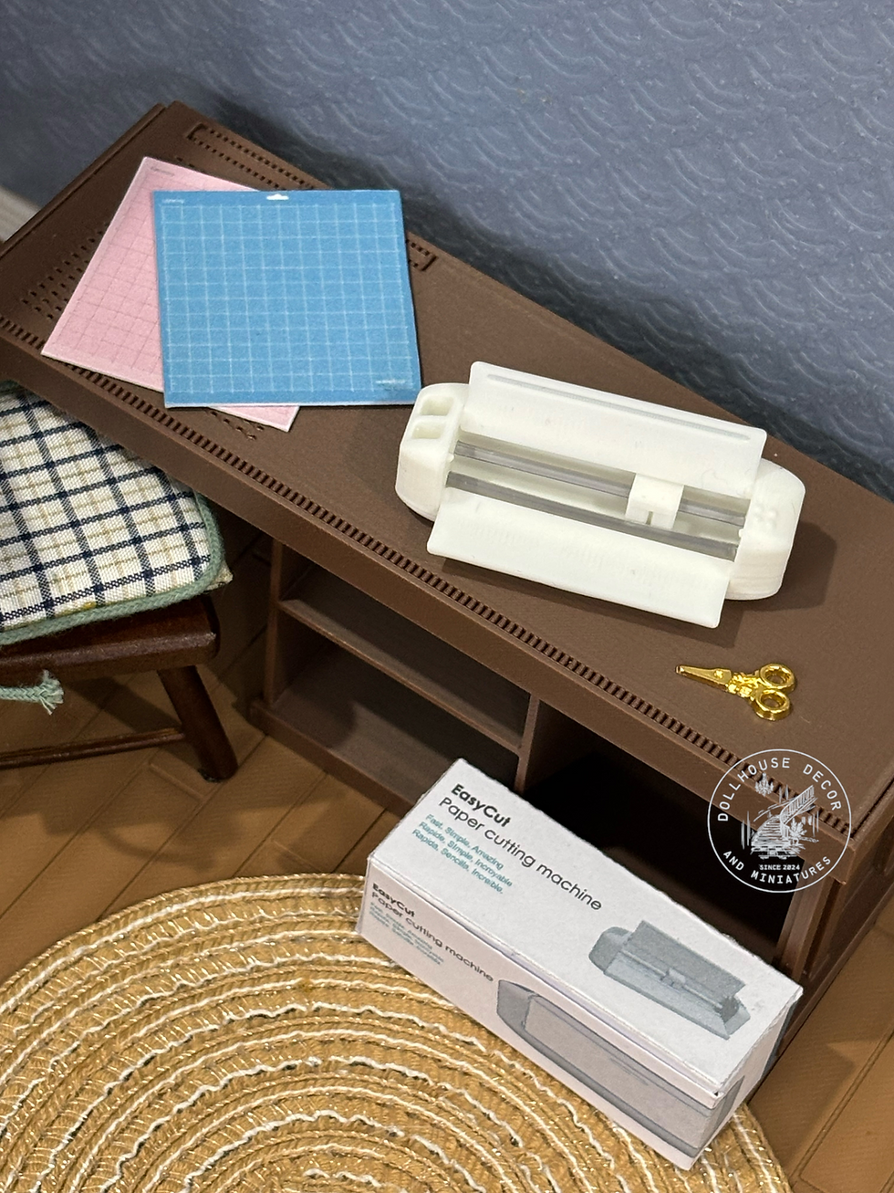 1:12 scale miniature electronic paper cutting machine with cutting mats, miniature gold scissors and printed retail packaging