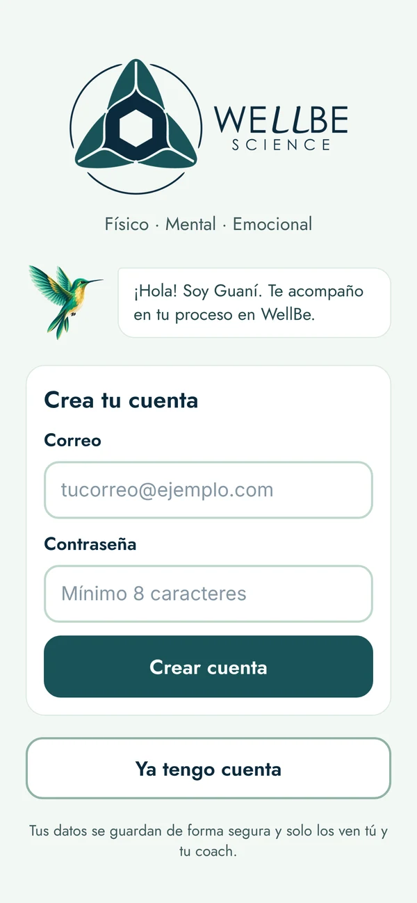Pantalla de inicio de la app WellBe con Guaní