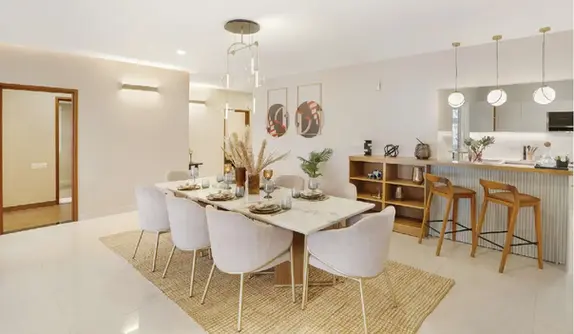 Spacious dining area with marble table and designer interiors at Brigade Altius Sholinganallur.