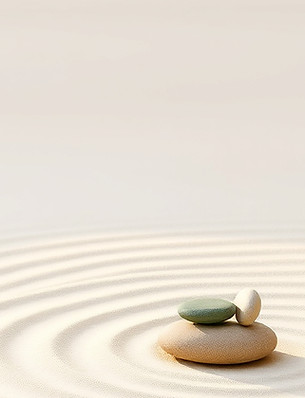calm, minimalist banner image of a zen garden. Soft morning light, raked sand with gentle