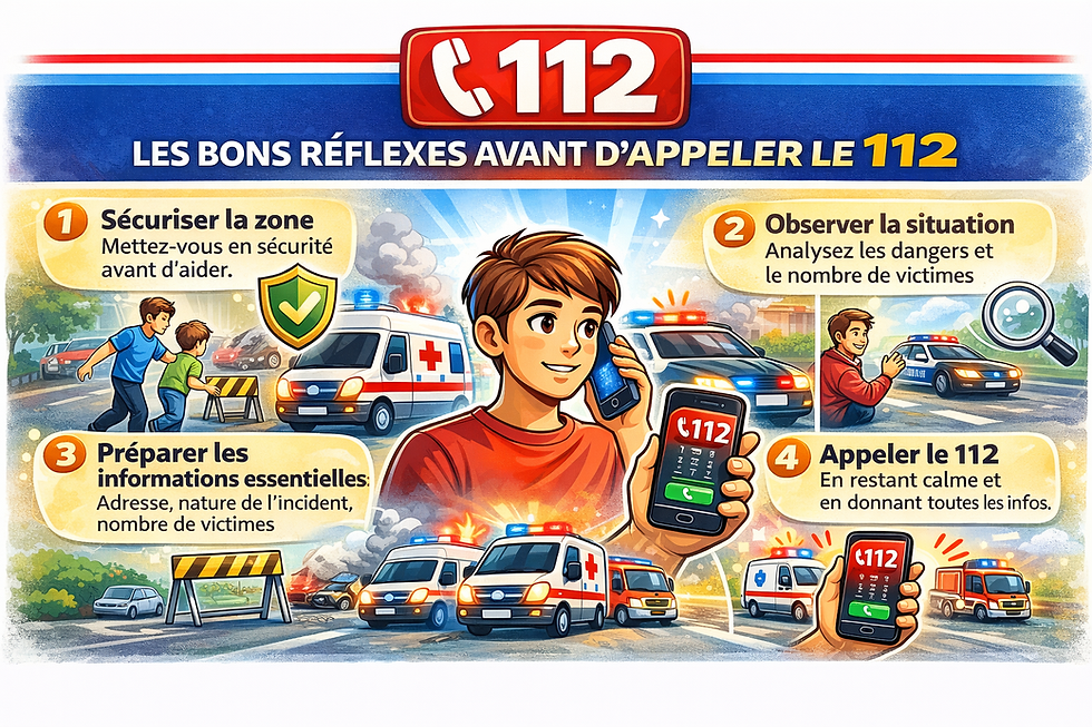 Une personne gardant son calme en passant un appel d'urgence au 112, avec une trousse de secours à proximité pour illustrer la préparation aux premiers secours.
