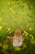 large oil painting of child in nature, duckweed series, painting with mud, portrait artist near Zürich, Switzerland