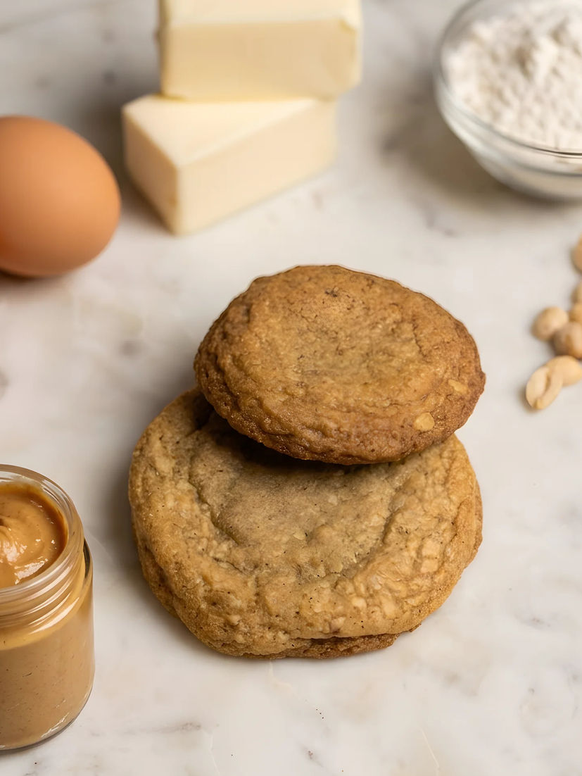 Peanut butter cookies with eggs, butter, flour, peanuts