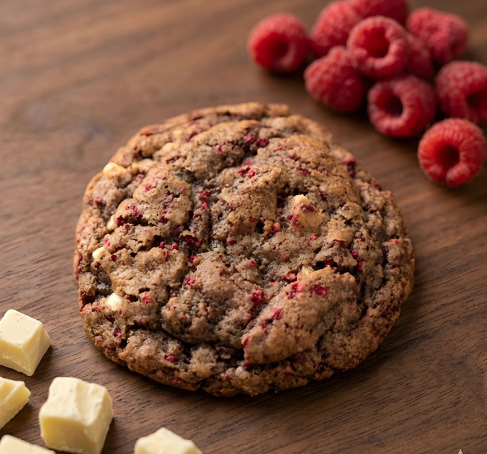 White chocolate raspberry cookie on wood