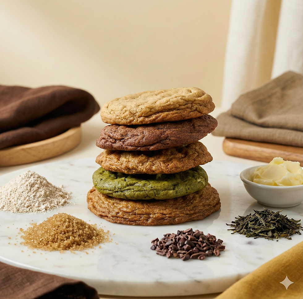 Stack of cookies, oats, brown sugar, tea, and cacao nibs.
