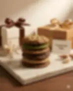 Stack of cookies, gift boxes, and "Corporate Gifts" card