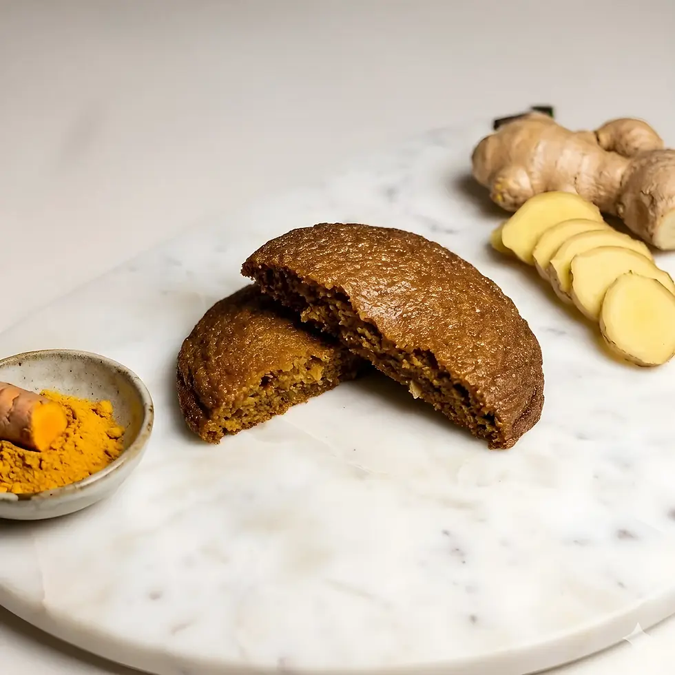 Halved ginger cookies, turmeric, and fresh ginger