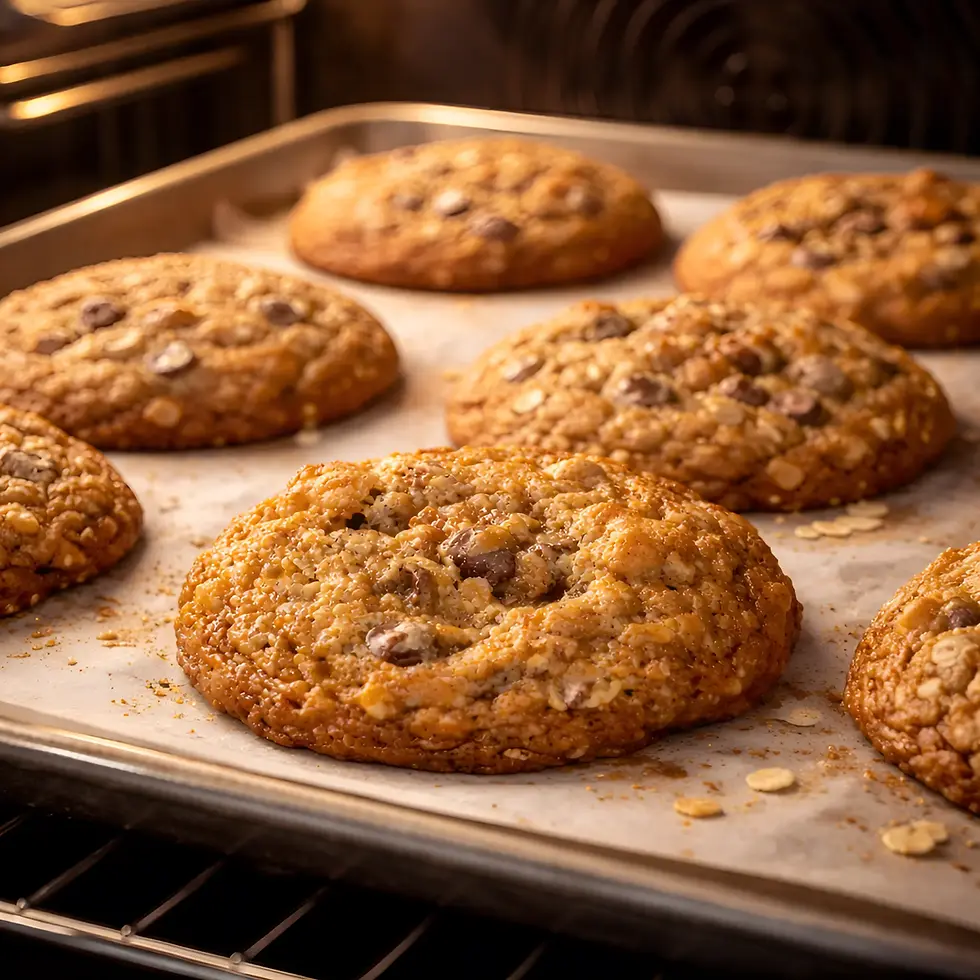 Chocolate chip cookies baking on a tray in an oven